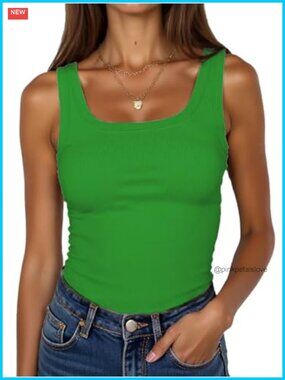 Women Sleeveless Square Neck Ribbed Tank Top Fitted Summer Basic Cami